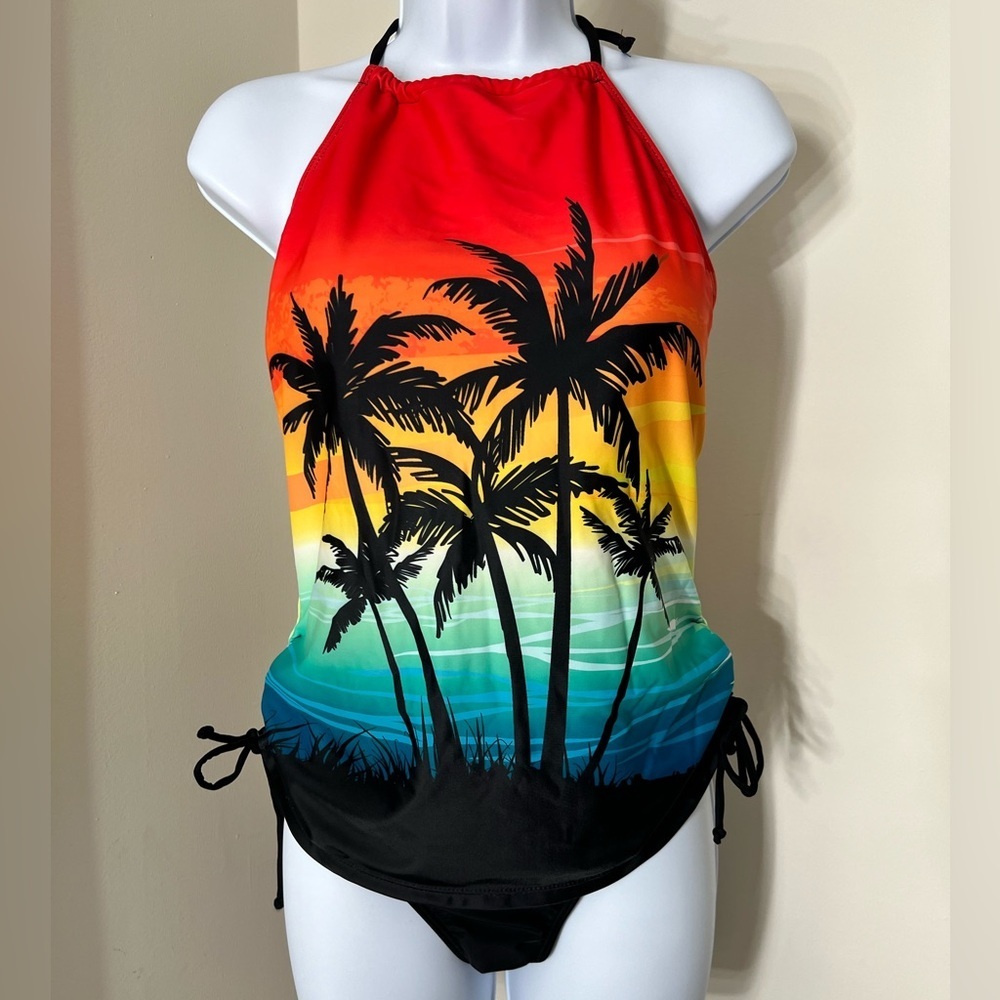 Tropical Halter Drawstring Sides Tankini